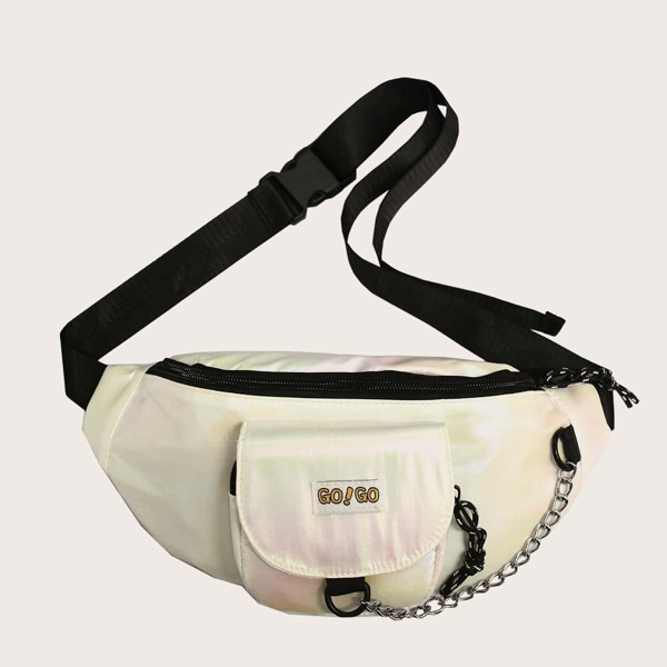 

Pocket Front Chain Decor Fanny Bag, Beige