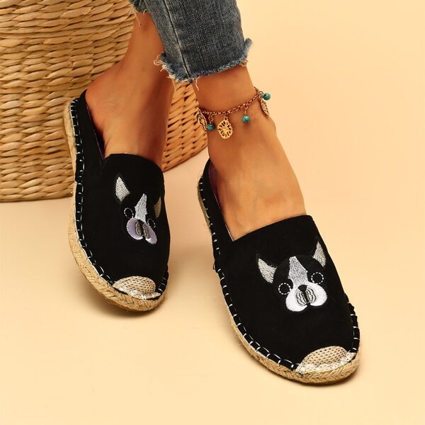 

Cartoon Dog Appliques Espadrille Flat Mules, Black