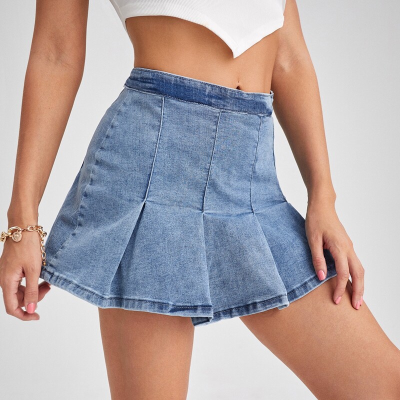 

Zip Side Pleated Ruffle Hem Denim Skirt, Light wash