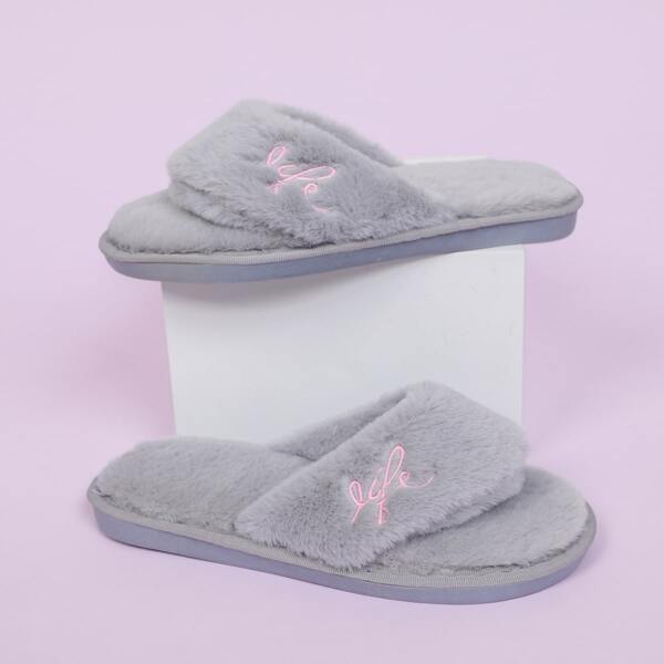 

Toe Post Letter Embroidery Fluffy Slippers, Grey