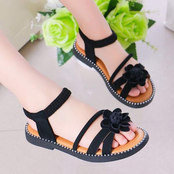 

Girls Flower Decor Sandals, Black
