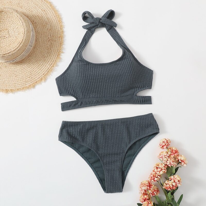 

Solid Cut Out Bikini Swimsuit, Dark grey