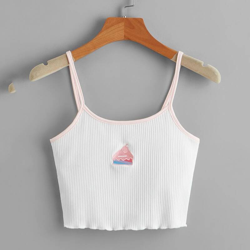 

Cake Embroidery Ribbed Crop Cami, White