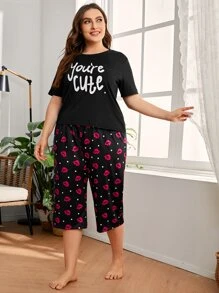 Plus Slogan & Lip Print Pajama Set - Black - View 3