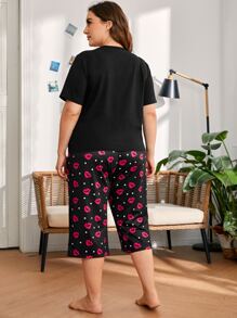 Plus Slogan & Lip Print Pajama Set - Black - View 2