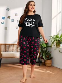 Plus Slogan & Lip Print Pajama Set - Black - View 1