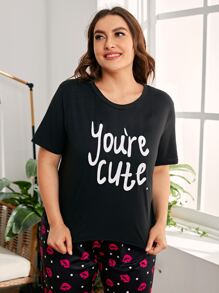 Plus Slogan & Lip Print Pajama Set - Black - View 4