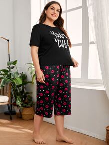 Plus Slogan & Lip Print Pajama Set - Black - View 5