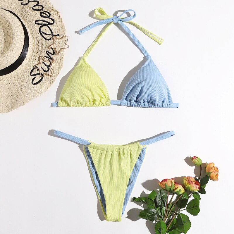 

Colorblock Halter Tanga Bikini Swimsuit, Multicolor