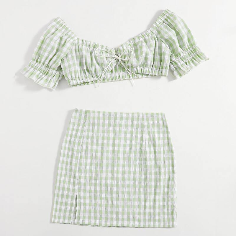 

Gingham Tie Front Top & Split Skirt, Mint green