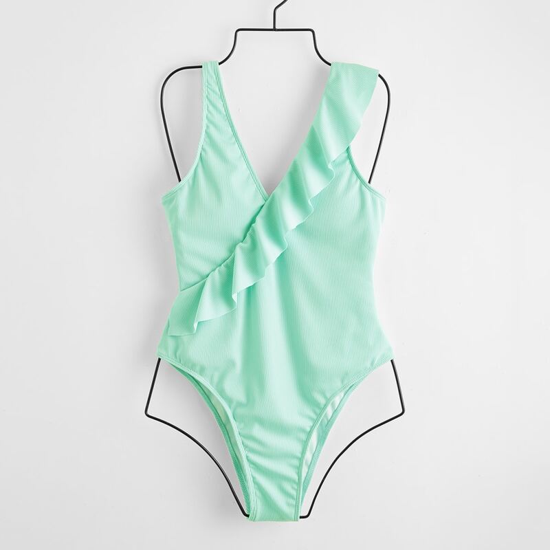 

Ribbed Ruffle Trim One Piece Swimsuit, Mint green