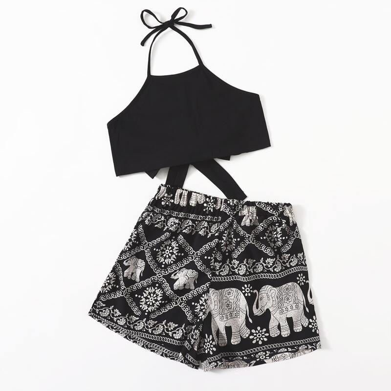 

Solid Halter Bow Back Top & Elephant Graphic Shorts, Black