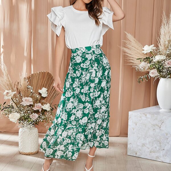 

Frill Trim Floral Print Skirt, Multicolor