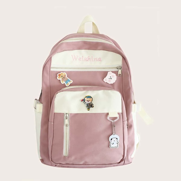 

Cartoon Decor Pocket Front School Bag, Pink