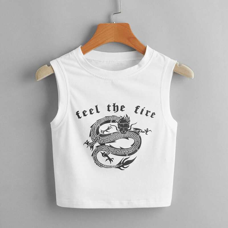 

Chinese Dragon Crop Tank Top, White