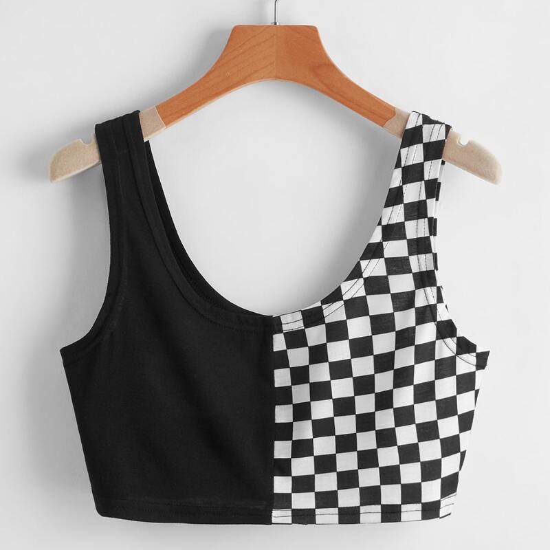 

Contrast Checkerboard Crop Tank Top, Black and white