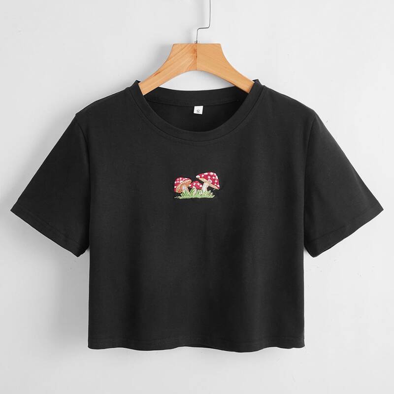 

Mushroom Embroidery Crop Tee, Black