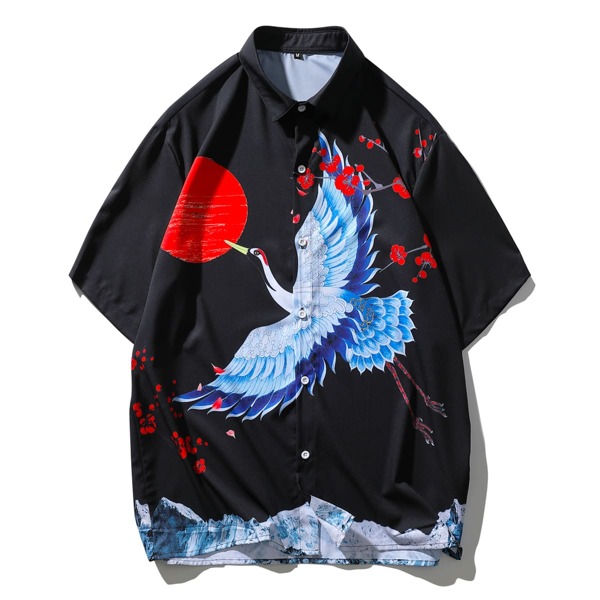

Men Crane Print Button Up Shirt, Multicolor
