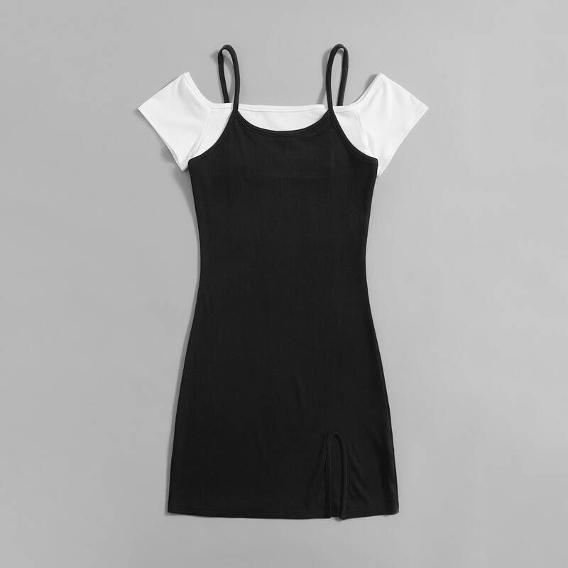 

2 In 1 Split Dress, Black and white