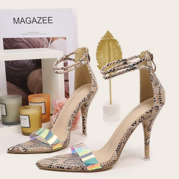 

Holographic Snakeskin Print Stiletto Heeled Sandals, Multicolor