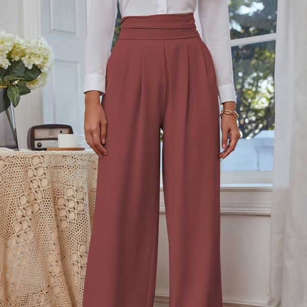 

Wide Waistband Solid Pants, Redwood
