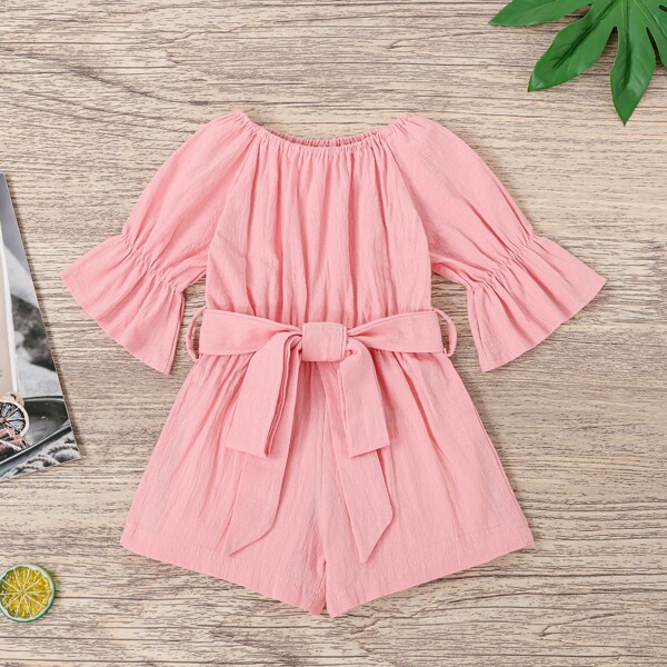 

Toddler Girls Flounce Sleeve Belted Romper, Baby pink