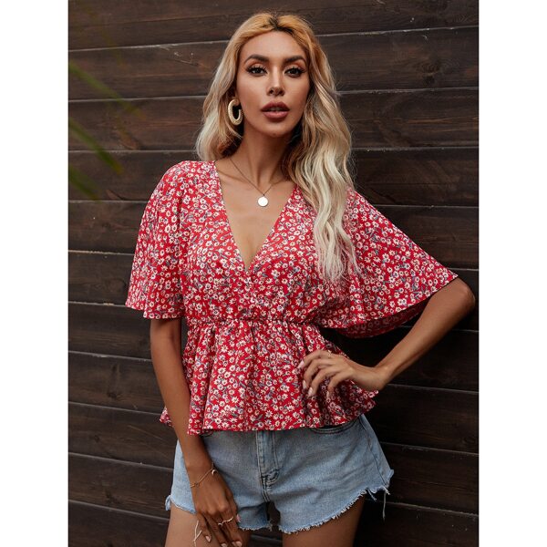 

Ditsy Floral Surplice Front Flutter Sleeve Peplum Blouse, Red