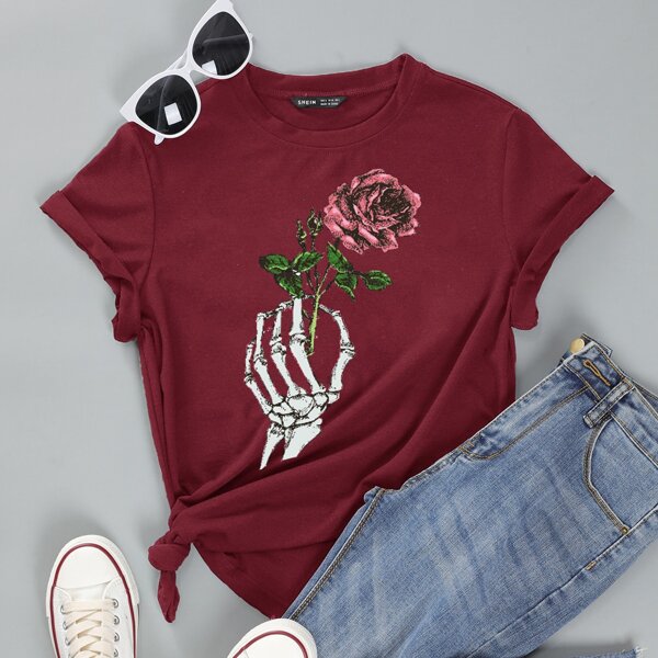 

Skeleton Hand & Floral Print Tee, Burgundy