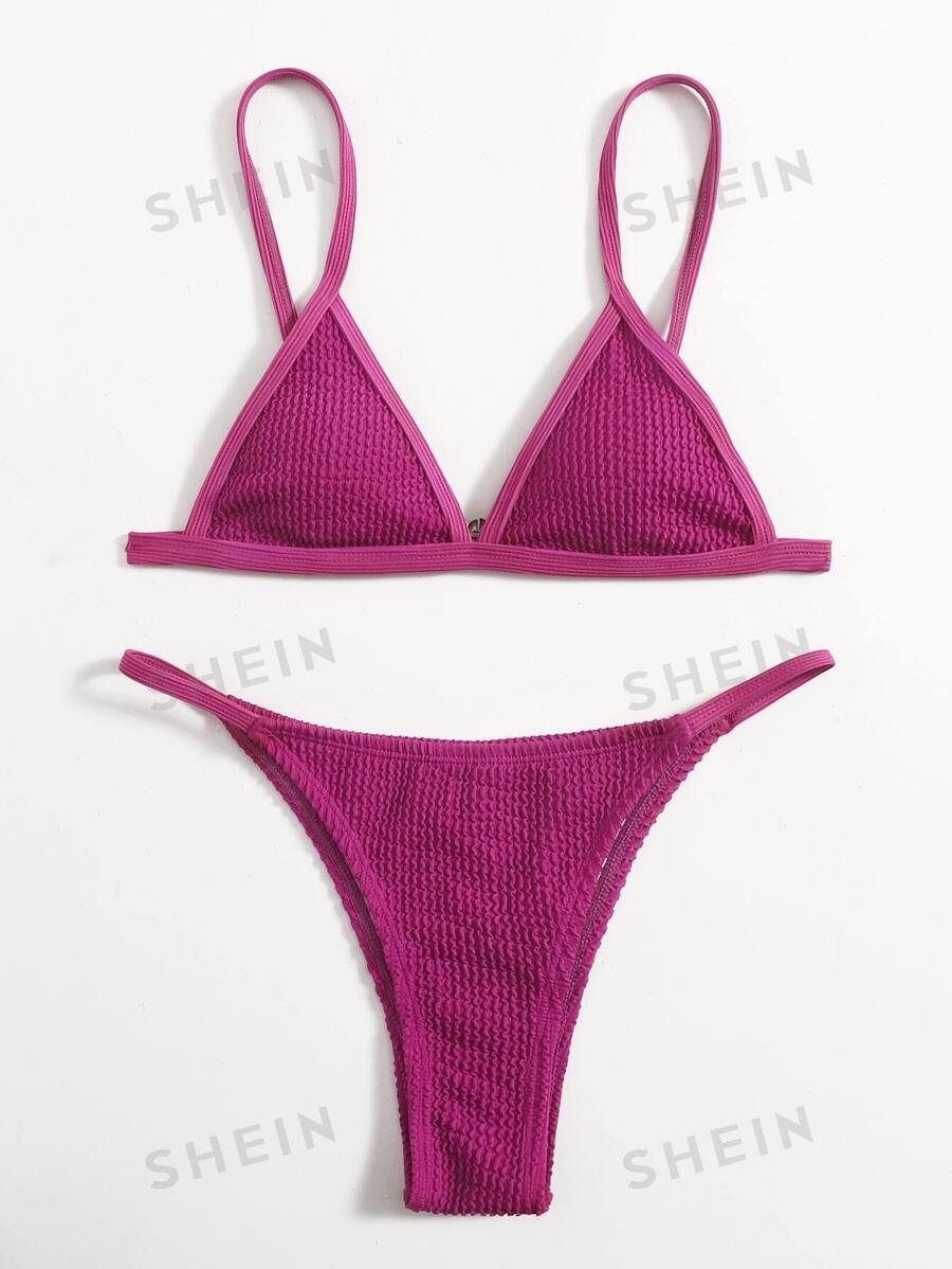 Swim Basics Conjunto de bikini texturizado Sujetador triangular con ribete en contraste y tanga Traje de baño de 2 piezas