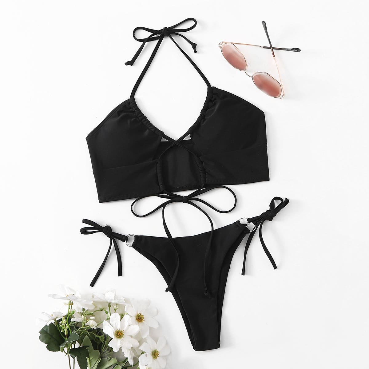 

Solid Ring Linked Tie Side Bikini Swimsuit, Black