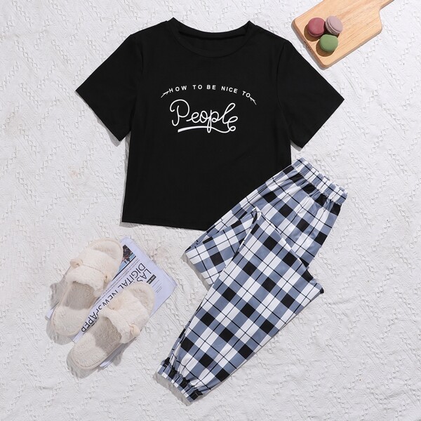 

Slogan & Plaid Graphic PJ Set, Multicolor