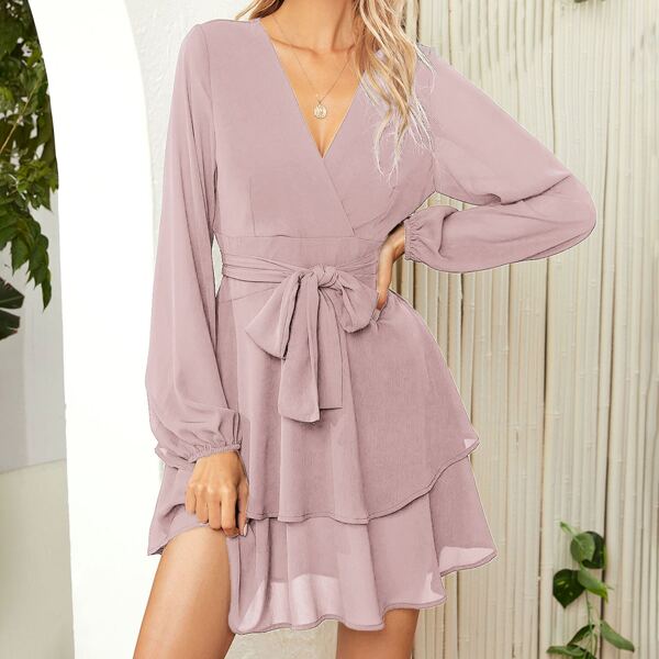 

Lantern Sleeve Belted Layered Hem Dress, Dusty pink