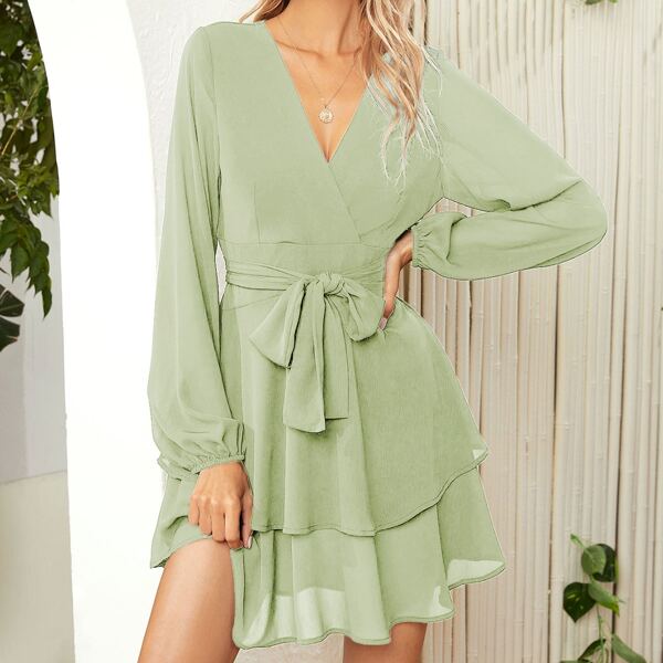 

Lantern Sleeve Belted Layered Hem Dress, Lime green