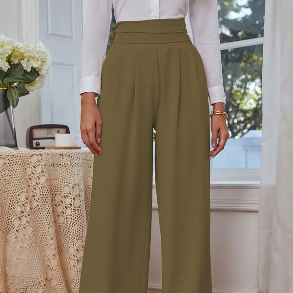 

Wide Waistband Solid Pants, Olive green