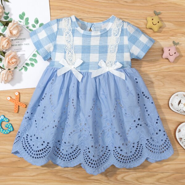 

Baby Girl Bow Front Eyelet Embroidery Dress, Blue