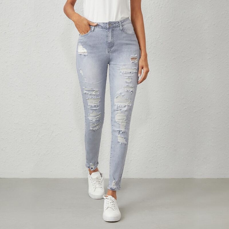 

Light Wash High Waist Skinny Jeans Without Belt, Light grey
