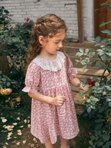 SHEIN Toddler Girls 1PC Contrast Ruffle Detail Ditsy Floral Smock Dress - Pink - View 3