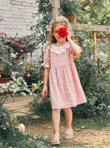 SHEIN Toddler Girls 1PC Contrast Ruffle Detail Ditsy Floral Smock Dress - Pink - View 4