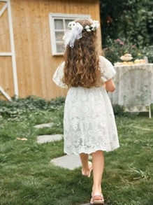 小女童1入組荷葉邊袖刺繡網紗覆蓋連衣裙