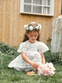 小女童1入組荷葉邊袖刺繡網紗覆蓋連衣裙