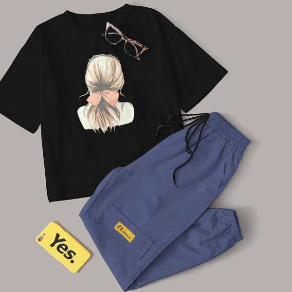 

Figure Graphic Tee With Knot Front Cargo Pants, Multicolor