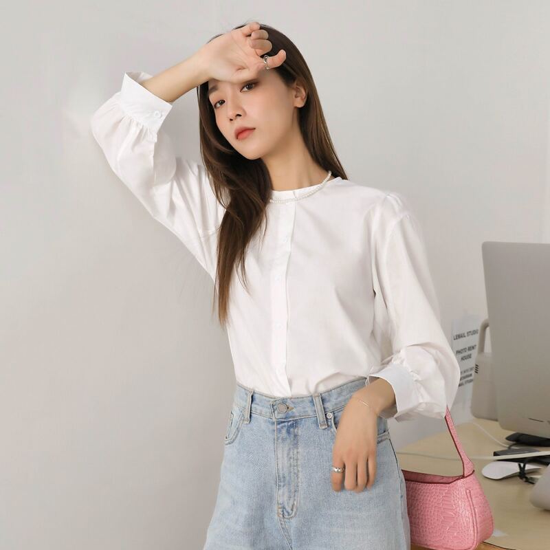 

Button Front Puff Sleeve Blouse, White