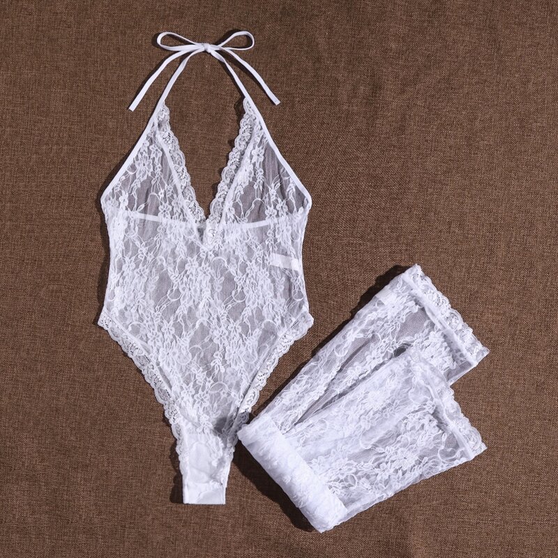 

Floral Lace Teddy Bodysuit With Stockings, White