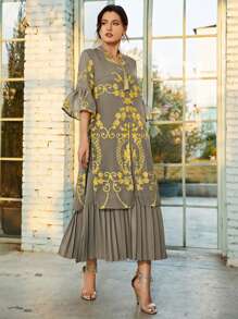 Divindia 花卉刺繡開衩直筒帶百褶下擺洋裝 - 灰色 - 查看 3