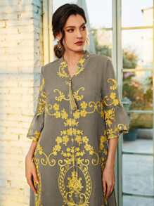 Divindia 花卉刺繡開衩直筒帶百褶下擺洋裝 - 灰色 - 查看 5