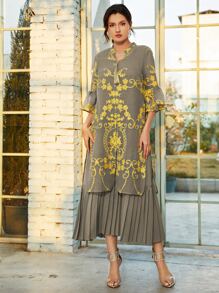 Divindia 花卉刺繡開衩直筒帶百褶下擺洋裝 - 灰色 - 查看 6