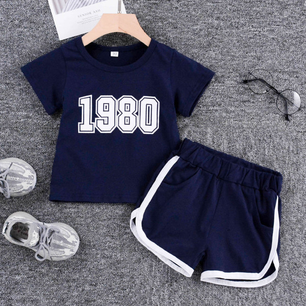 

Toddler Boys Number Print Tee & Binding Shorts, Navy blue