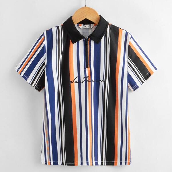

Boys Letter Graphic Striped Colorblock Half Zipper Placket Polo Shirt, Multicolor