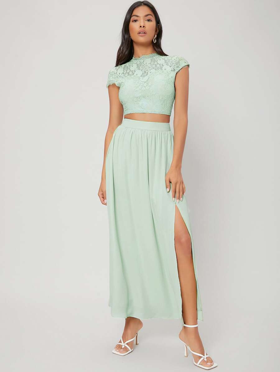 MOTF PREMIUM LACE TOP & SPLIT SKIRT SET - Mint Green - View 1