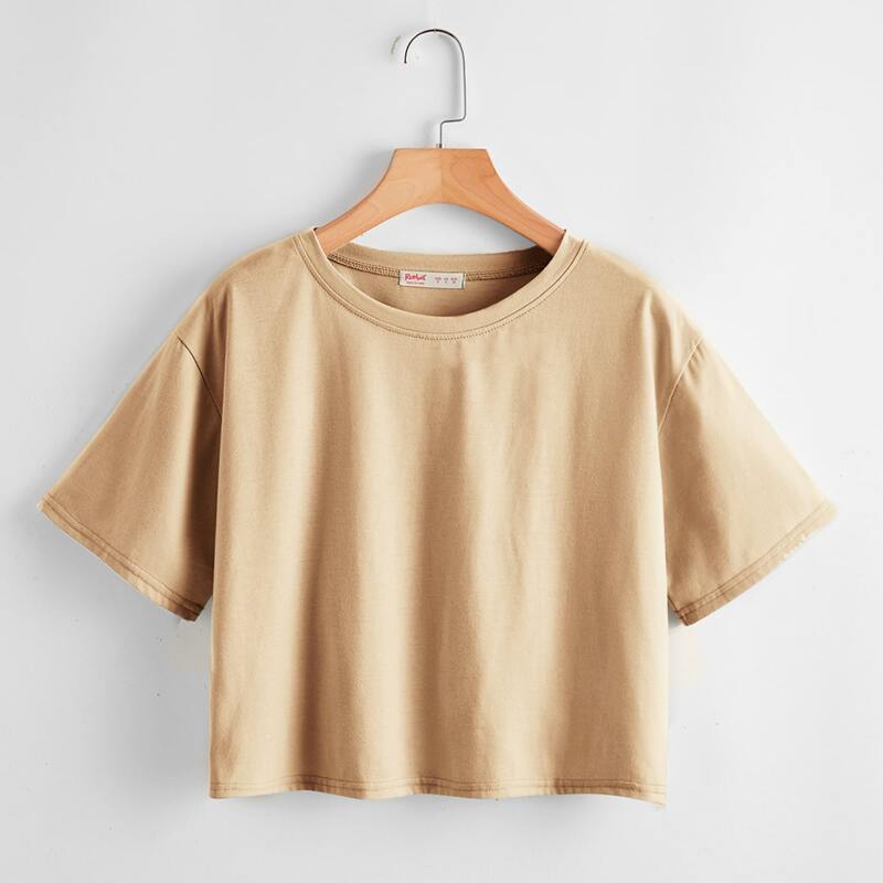 

Solid Drop Shoulder Crop Tee, Brown